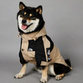 Khaki polyester dog shell jacket shown on canine model, available in sizes S through 5XL