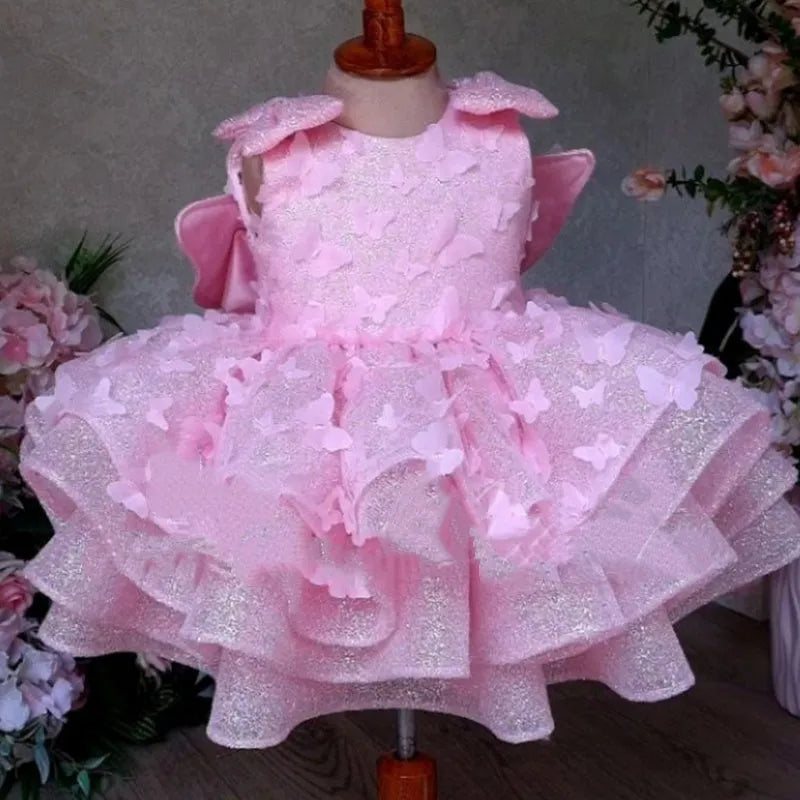 Pink girls sleeveless polyester summer dress with three-dimensional butterfly decoration
