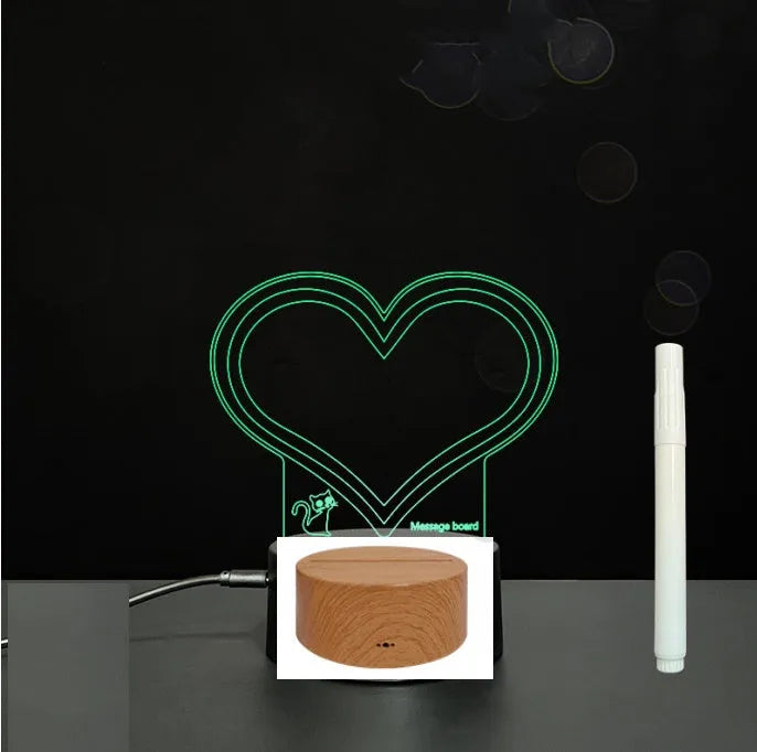 3D acrylic LED message board with touch control, black ABS base, USB cable, and stylus pen on desk