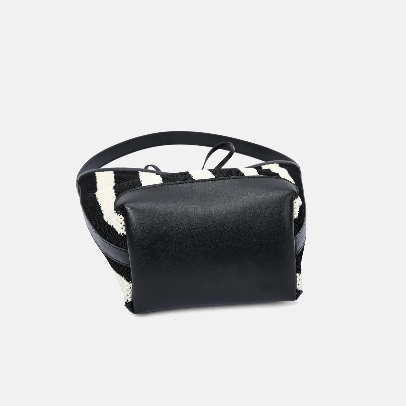 Black and white striped woven fabric women's bucket shoulder bag showing dimensions