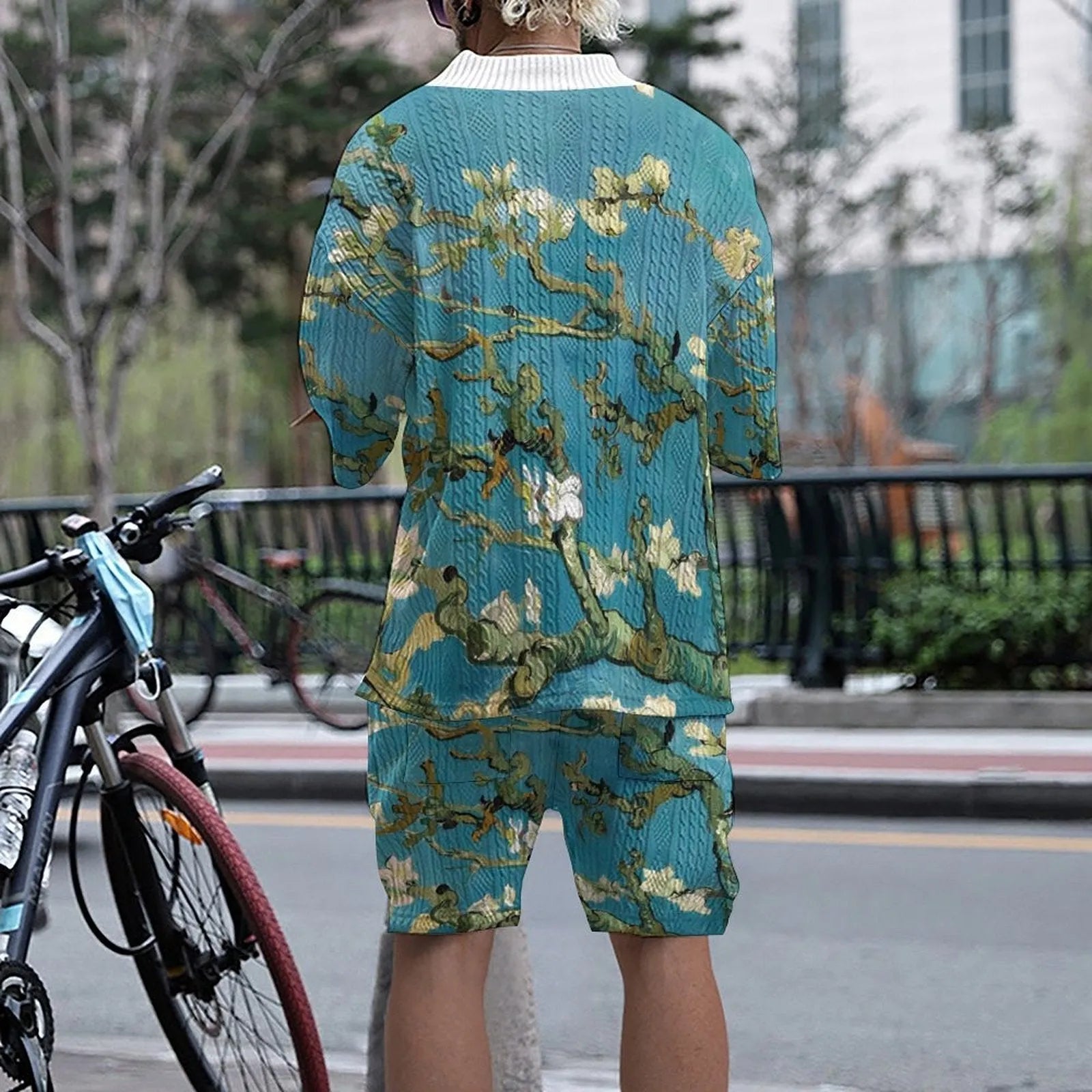 Men's peacock blue knitted casual shorts suit with matching T-shirt top