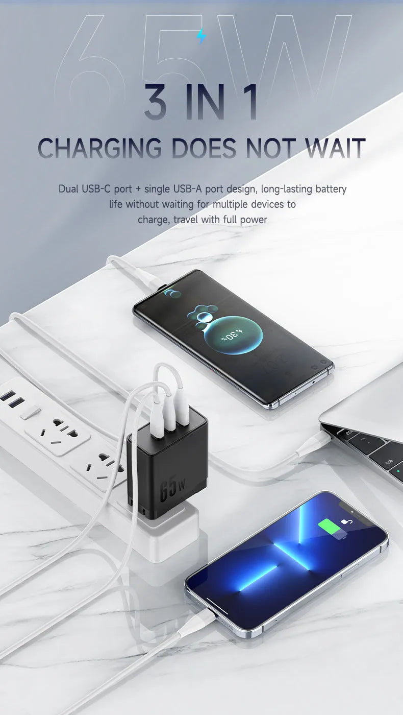 65W gallium nitride GaN multi-port charger in black with two USB-C and one USB-A output ports