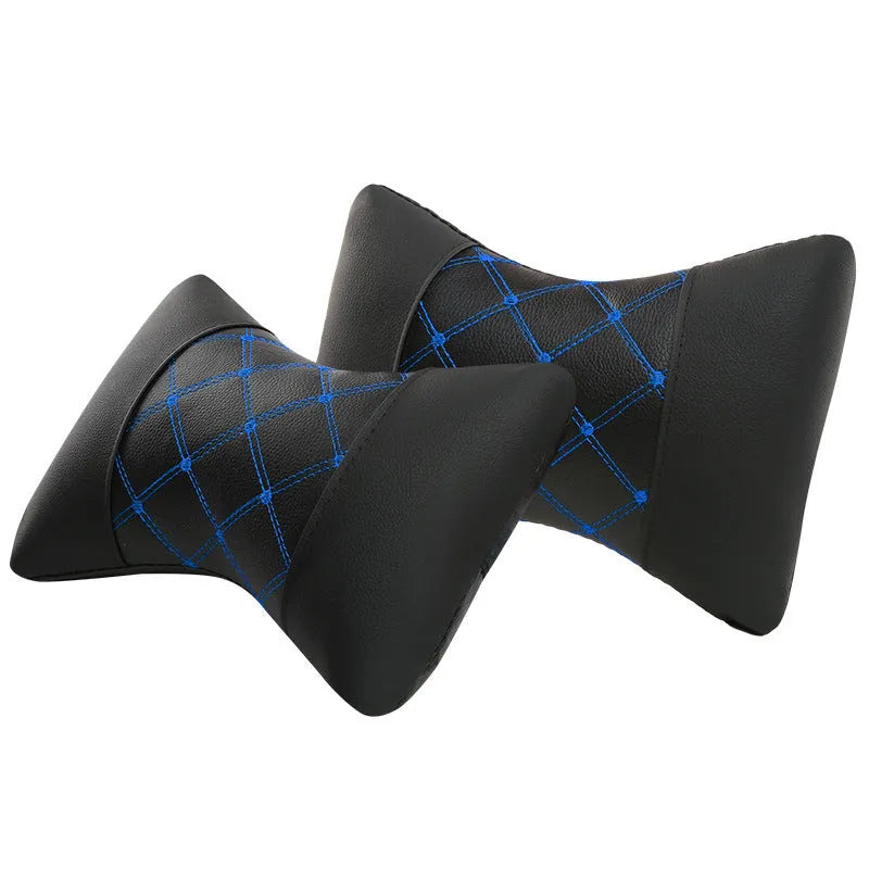Black quilted diamond pattern car headrest neck pillow with contrasting piping options.