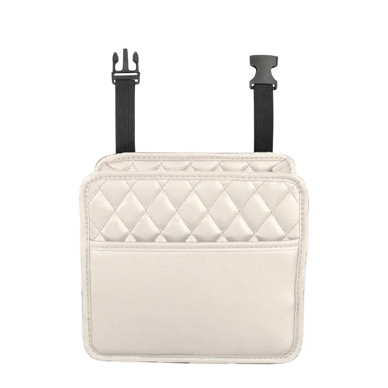 Leather car interior hanging storage bag in black colour showing door pocket mounting