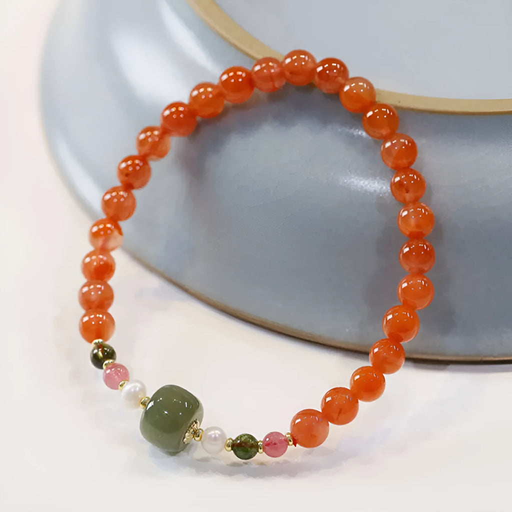 Round bead bracelet made from deep cherry red Southern Red Agate with ethnic retro style