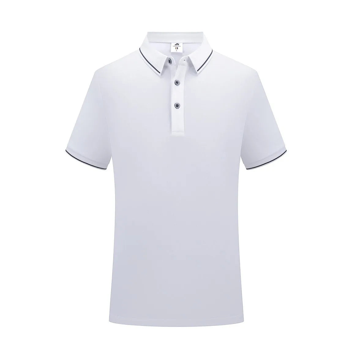 Beautician wearing a short-sleeved light blue polo shirt with asymmetric detail in a salon setting