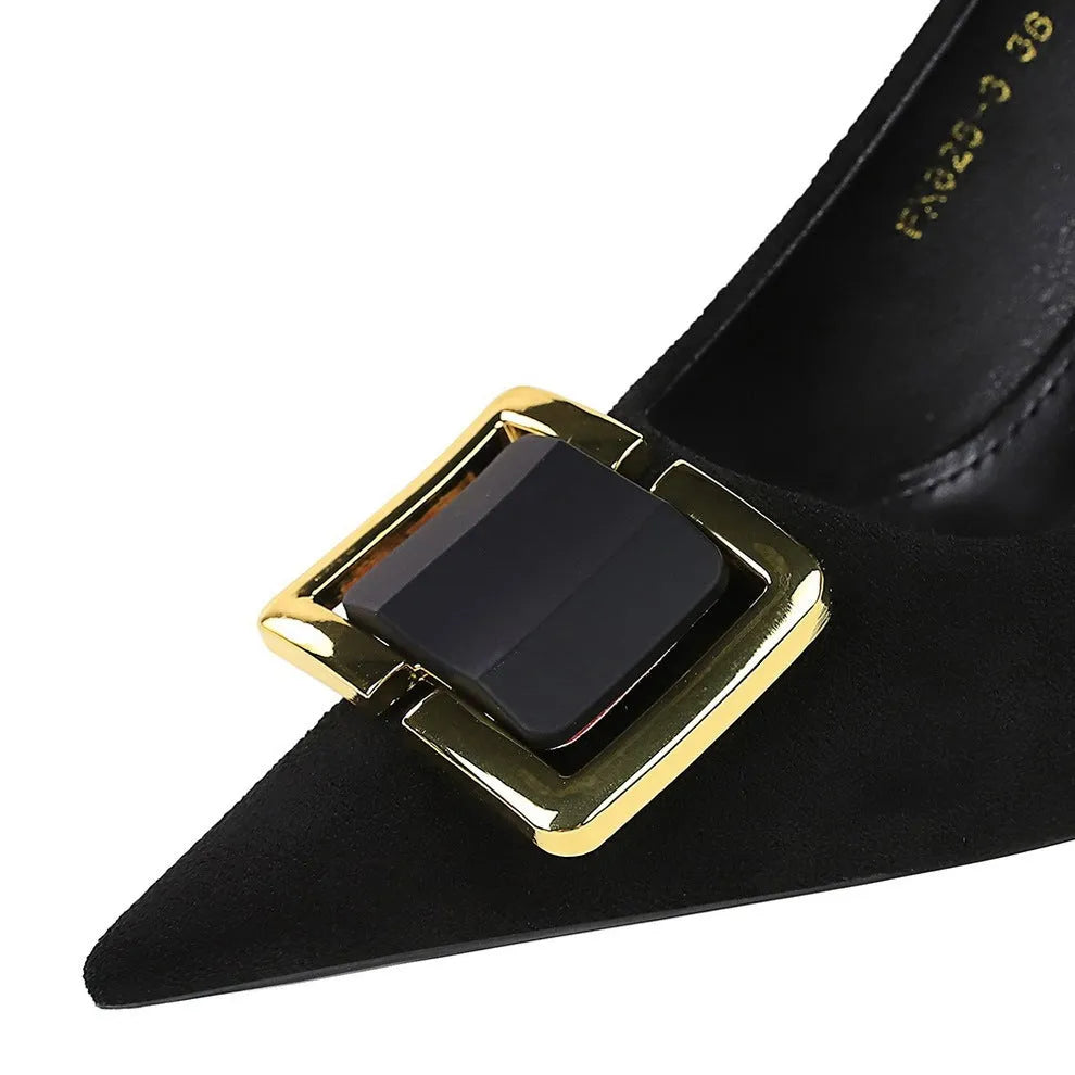 Black suede women's stiletto heel shoes with a pointed toe and 9cm high heel.