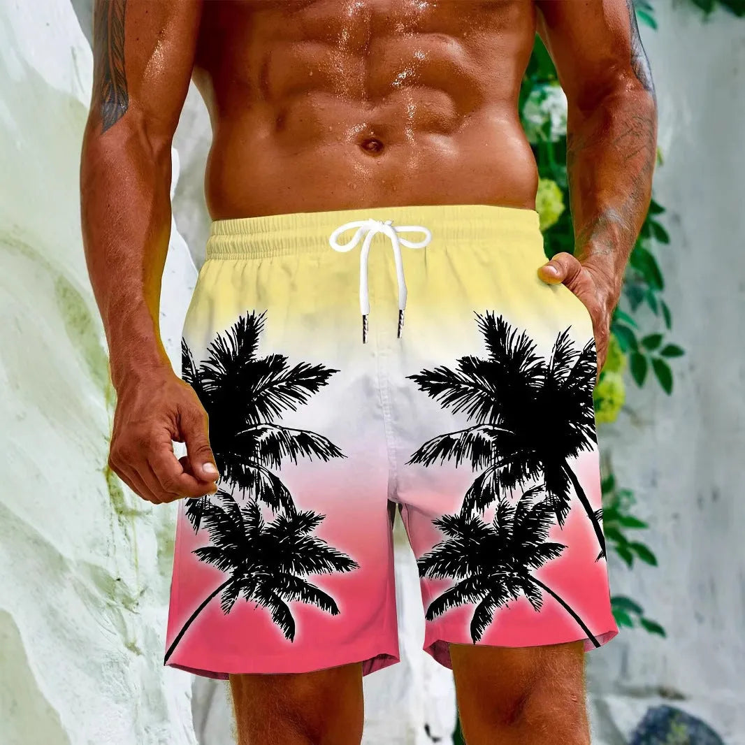 Men's quick-dry polyester swimming trunks in a blue colour, showing elastic waistband and pocket detail.