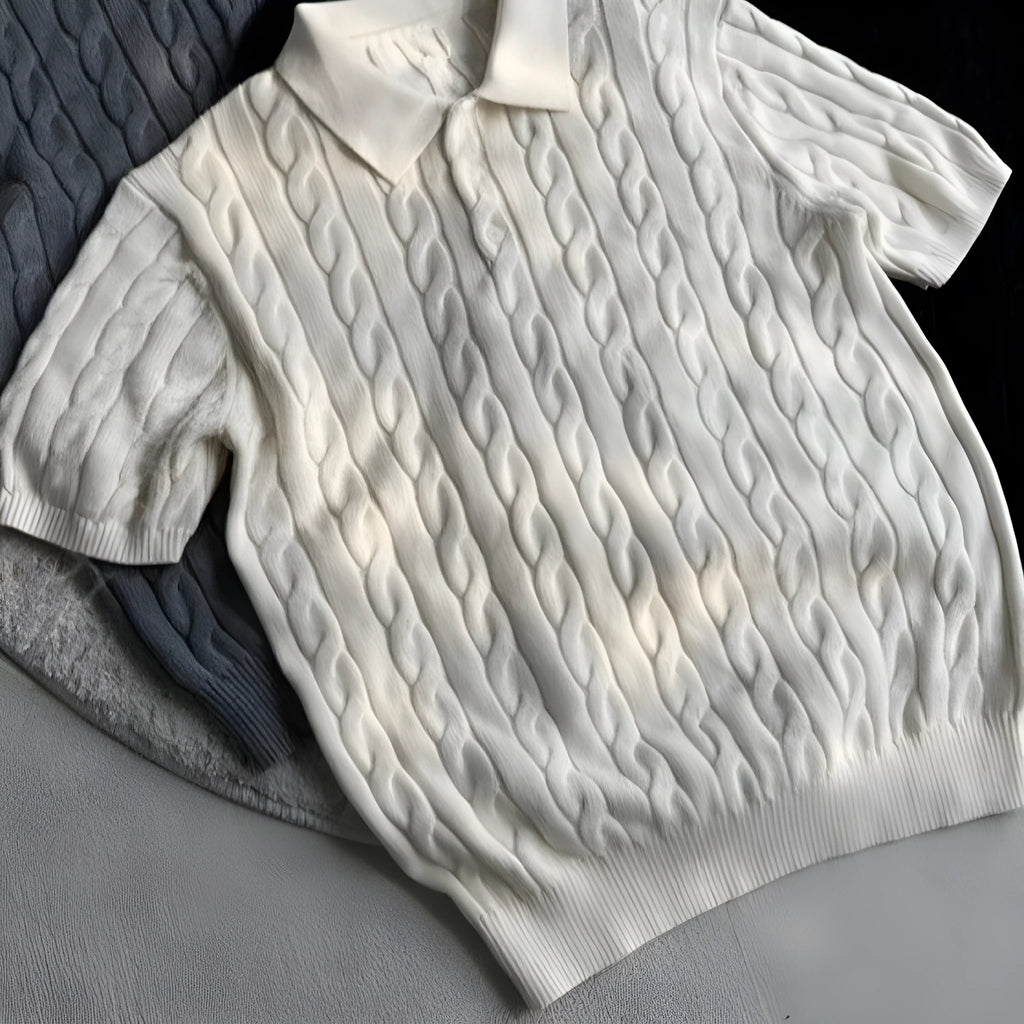 Men's twisted knit cotton short sleeve T-shirt in grey, shown on a hanger.