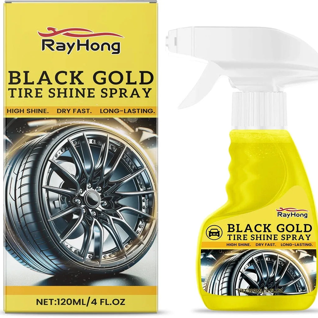 Black Gold Tire Shine Spray 120ml bottle with spray nozzle on a tyre sidewall