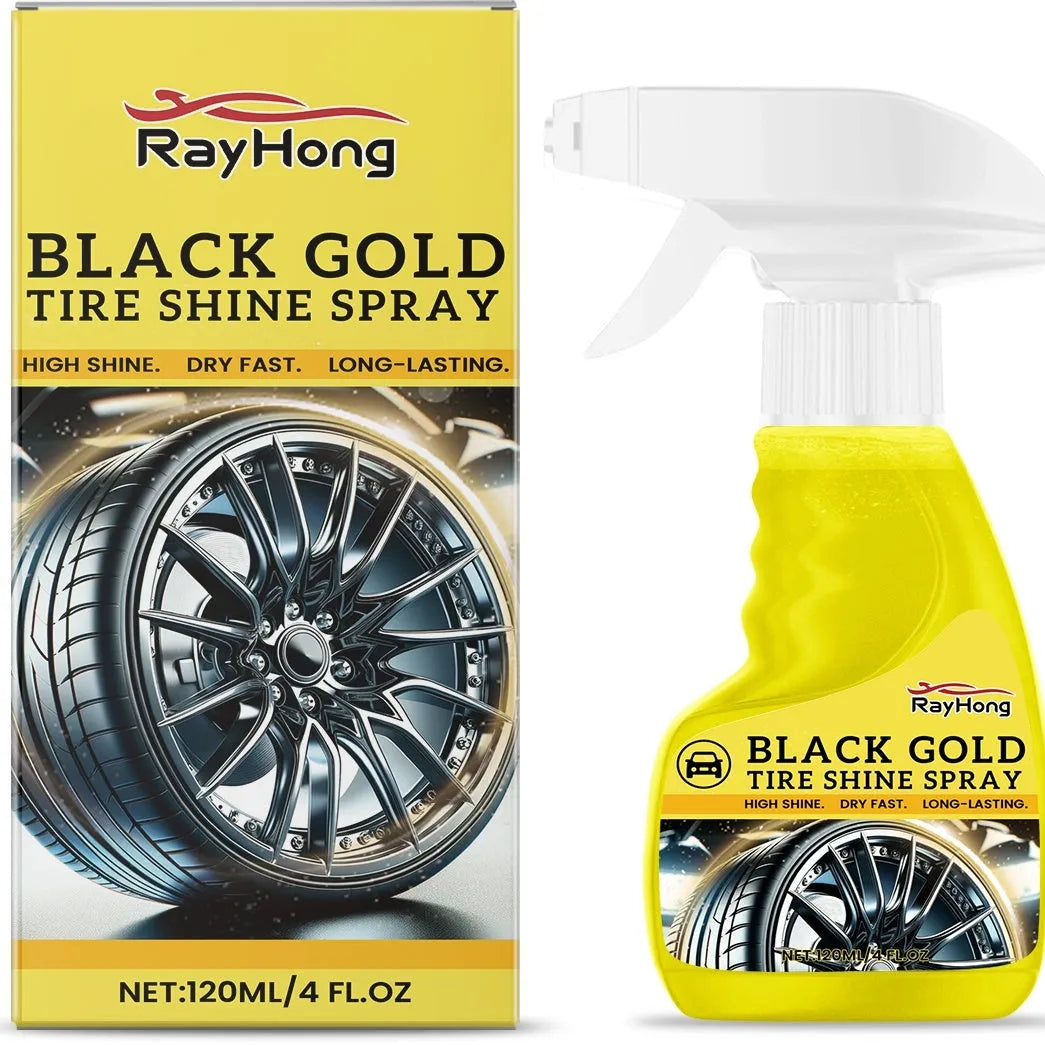 Black Gold Tire Shine Spray 120ml bottle with spray nozzle on a tyre sidewall