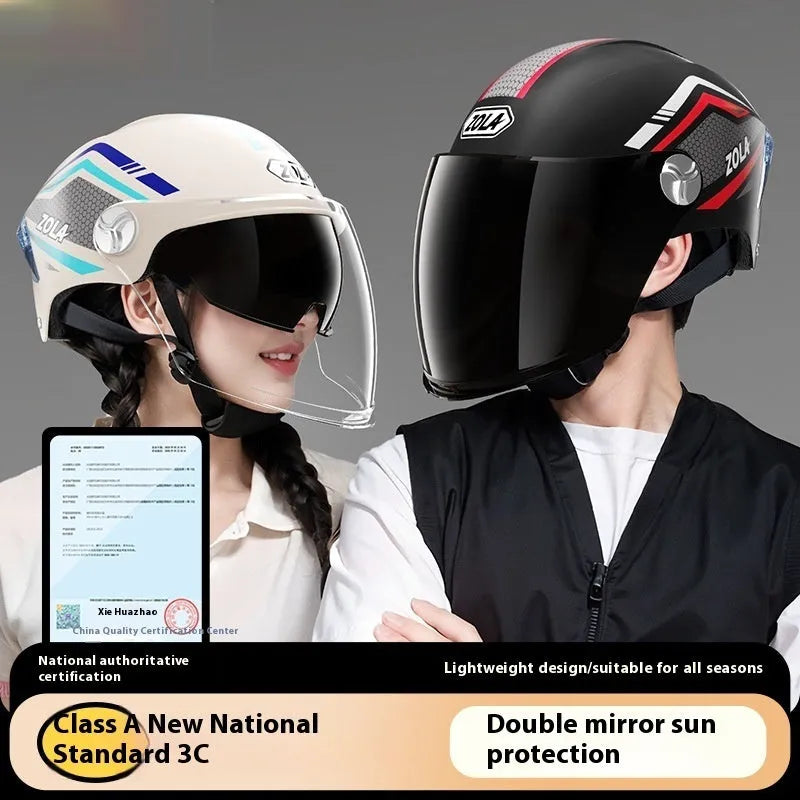 3C certified universal half helmet for motorcycles with a flip-down dual-mirror visor on an ABS shell.