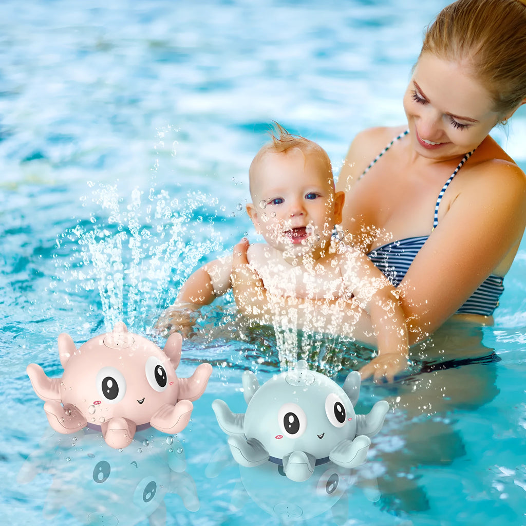 Blue octopus automatic water spray bath toy with flashing lights for children's bathtub play