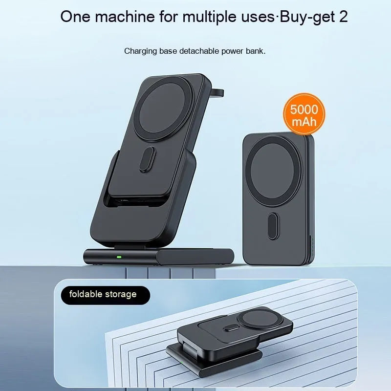 Three-in-one magnetic power bank with folding bracket charging iPhone 12-14 Apple Watch and AirPods wirelessly
