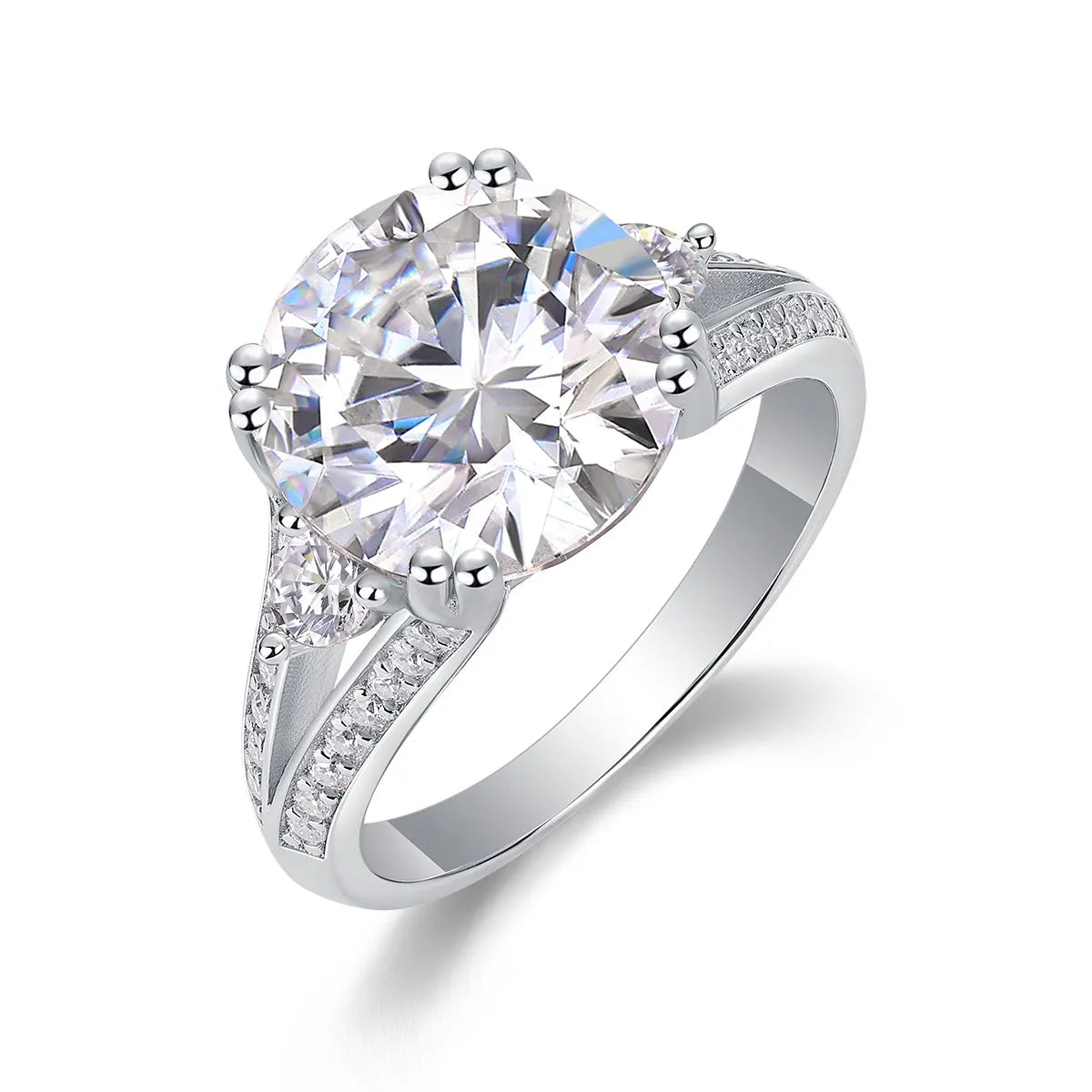 5-carat moissanite wedding ring in S925 silver with gold plating on white background