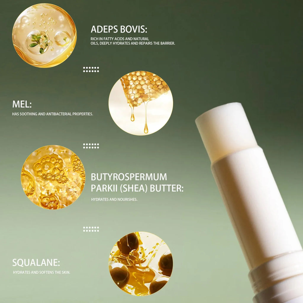 Pure tallow lip balm stick in a tube with dimensions 83mm by 19mm, containing 5g of product.