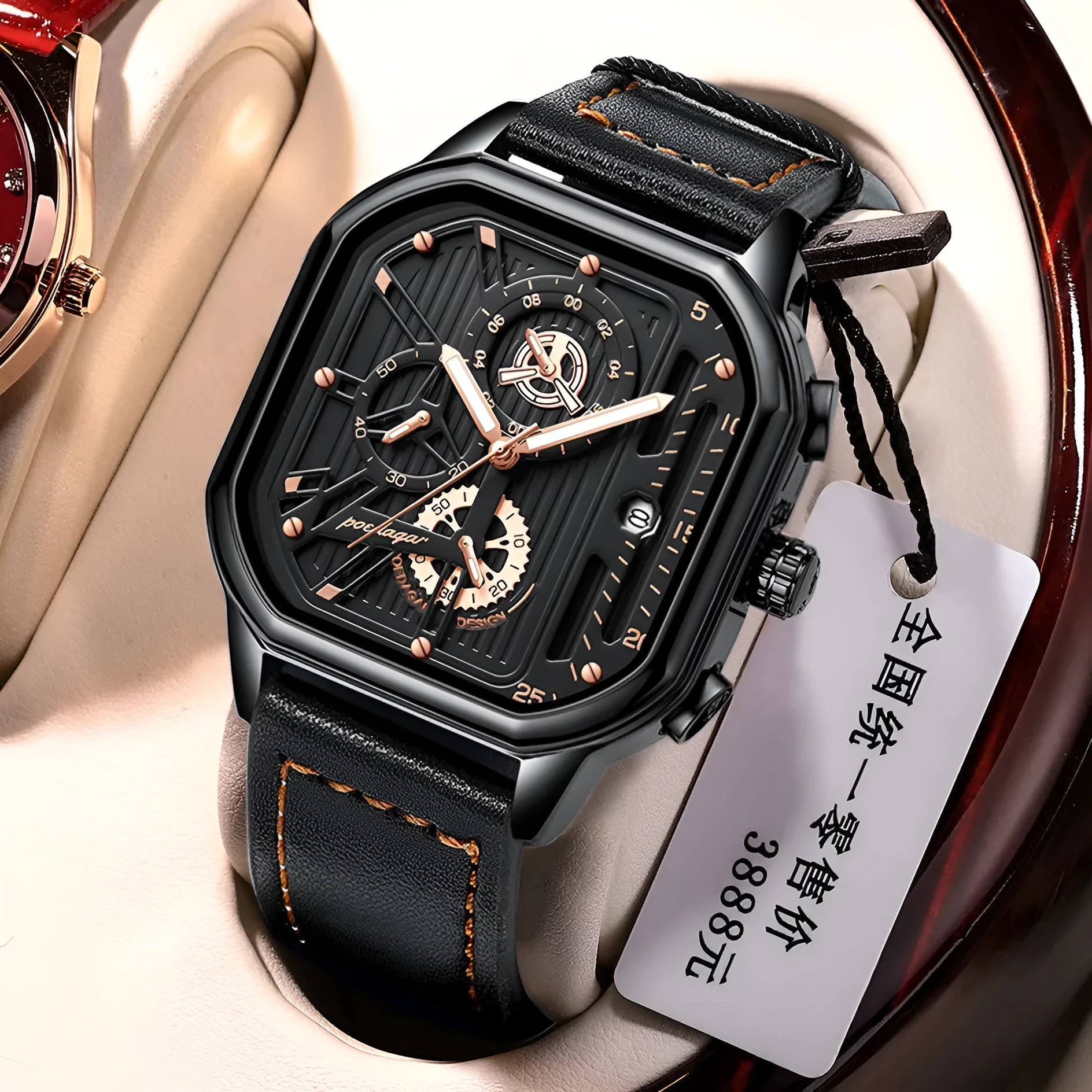 Men's belt-style sports watch with 8mm thickness showing colour variations including black shell with gold nail details