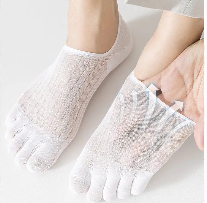 Modal five-finger ultra-thin boat socks in black, white, grey, and khaki colours for summer.
