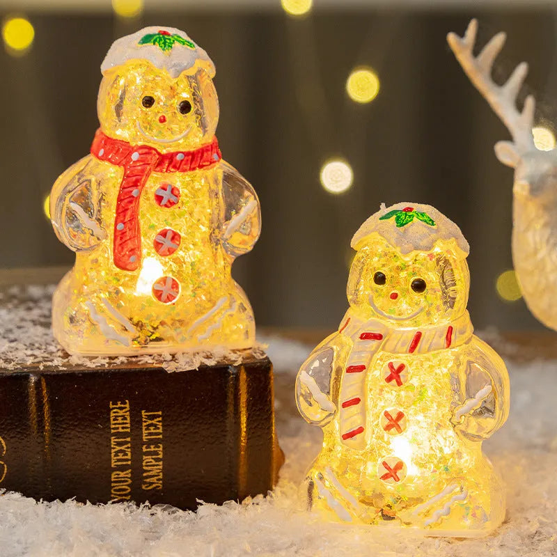 Glowing plastic gingerbread man snowman Christmas ornament with a choice of scarf colours