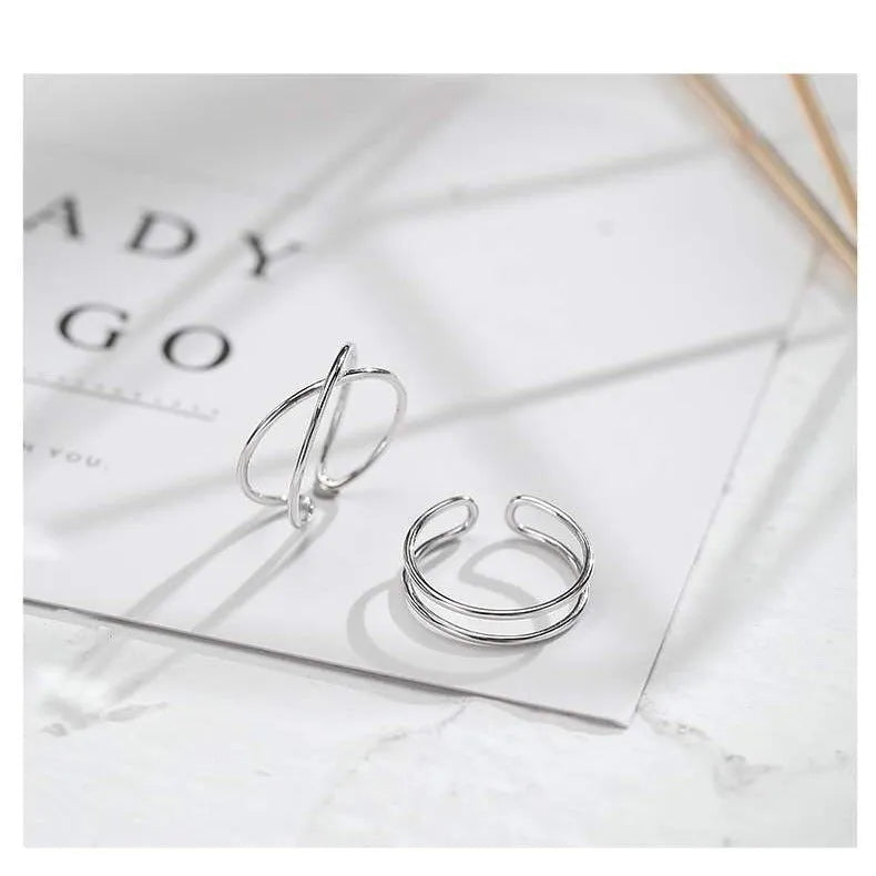 Silver plated geometric cross ring with adjustable opening for women