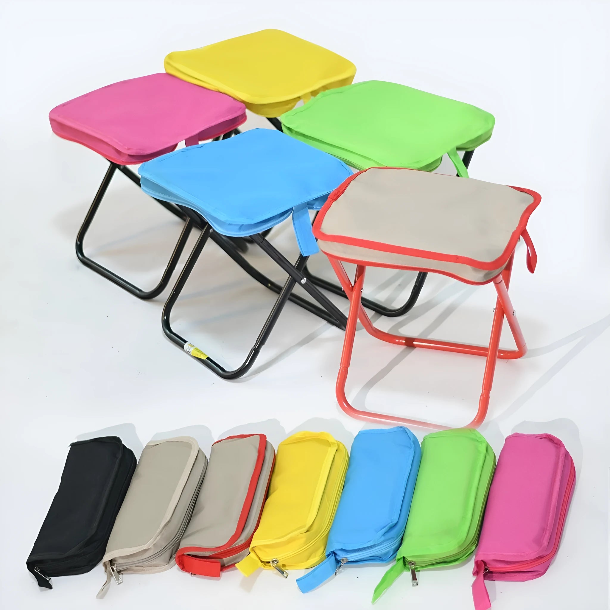 A folded Oxford cloth camp stool in a pencil box design, shown in khaki colour.