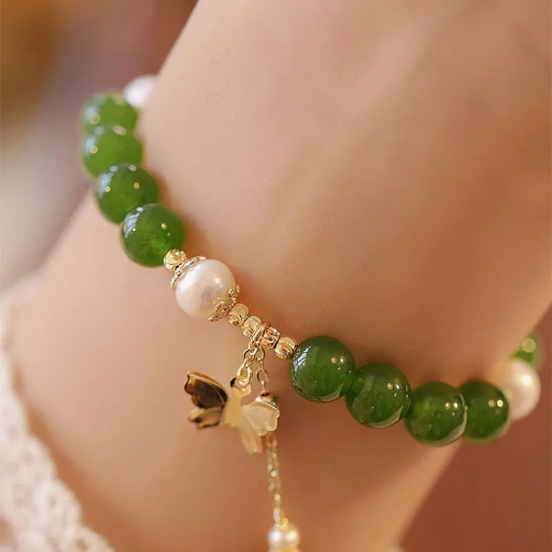 Natural green chalcedony women's bracelet with geometric shape and round design elements