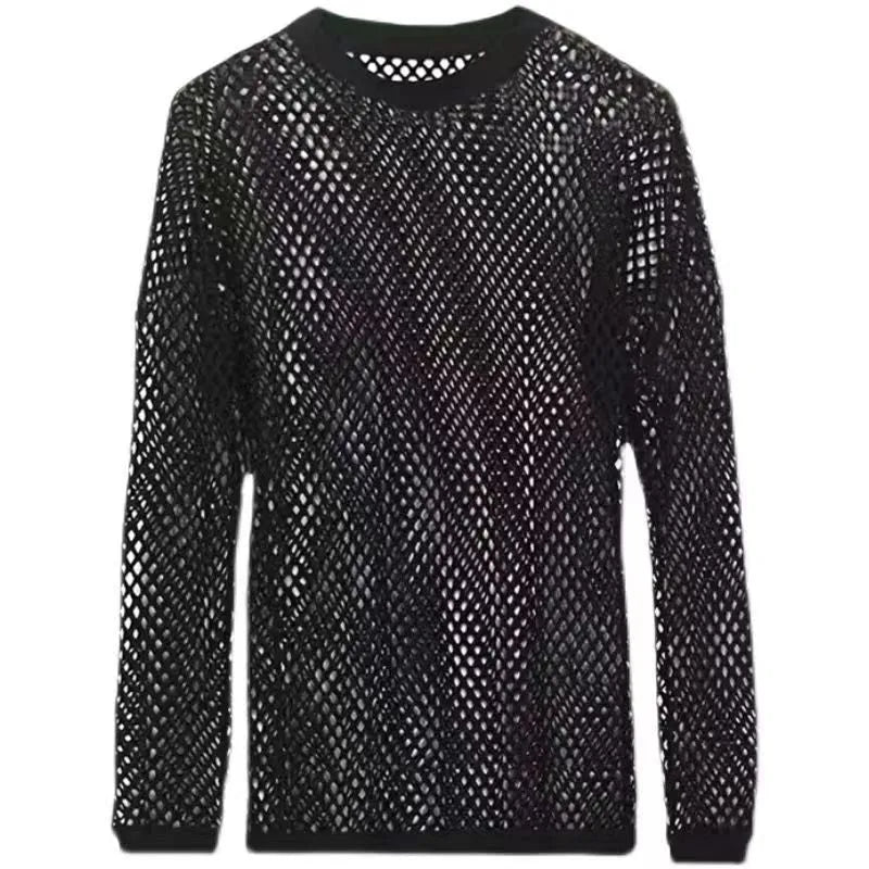 Black men's drop shoulder mesh shirt with long sleeves and loose fit casual design