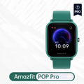 Pine green smart watch with silicone strap on wrist, showing blood oxygen stats on colour screen