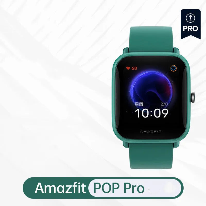 Pine green smart watch with silicone strap on wrist, showing blood oxygen stats on colour screen