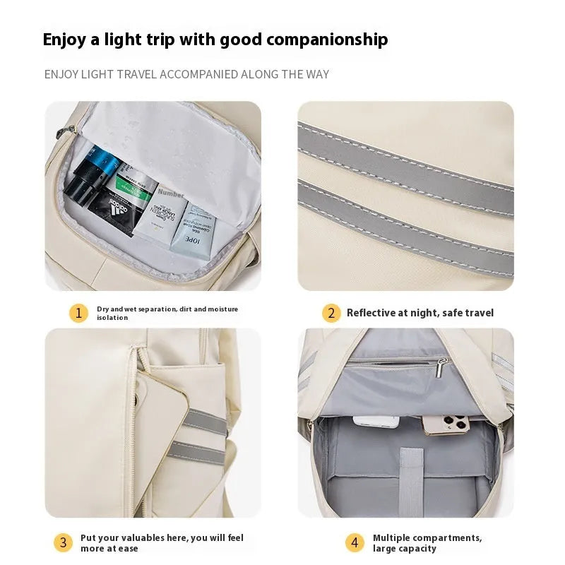 Large capacity dry wet separation travel backpack in beige colour with curved shoulder straps and breathable back panel