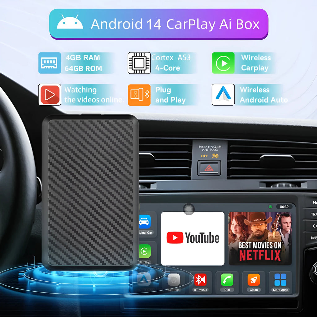 Black plastic wireless CarPlay box with TYPE-C and TF interfaces for car display integration