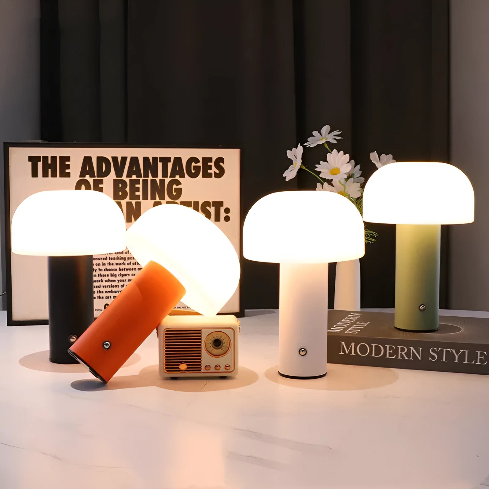 USB table lamp in choice of black, green, orange or white plastic with USB cable