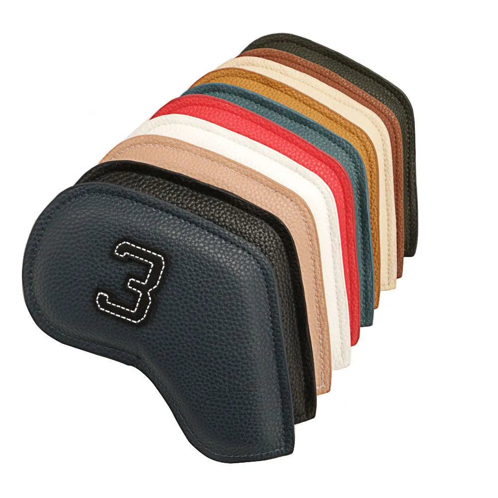Set of ten colourful digitally printed golf club head covers made from PU material.