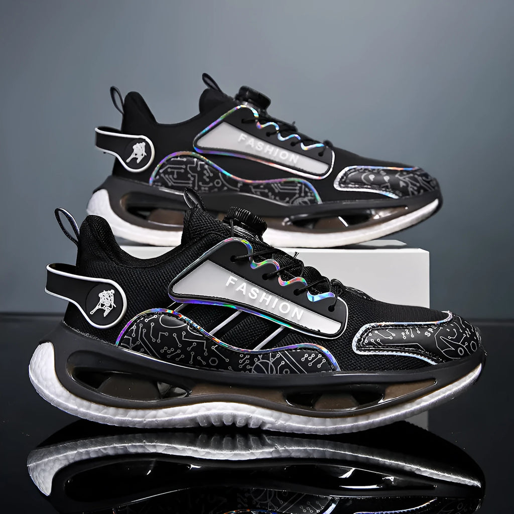 Men's low-top mesh sports trainers in black with elastic band closure and popcorn TPU sole