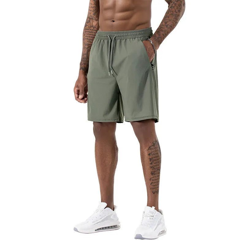 Men's black Ice Silk sports shorts with elastic high waist and straight cropped leg.