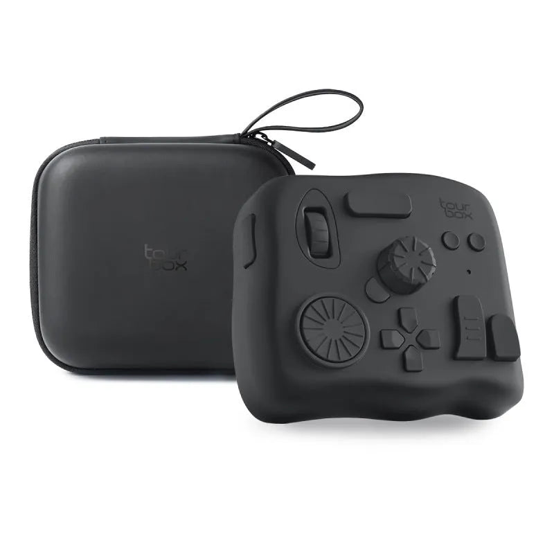 TourBox NEO video editing controller auxiliary keyboard with dials and buttons on a black PC+ABS housing.