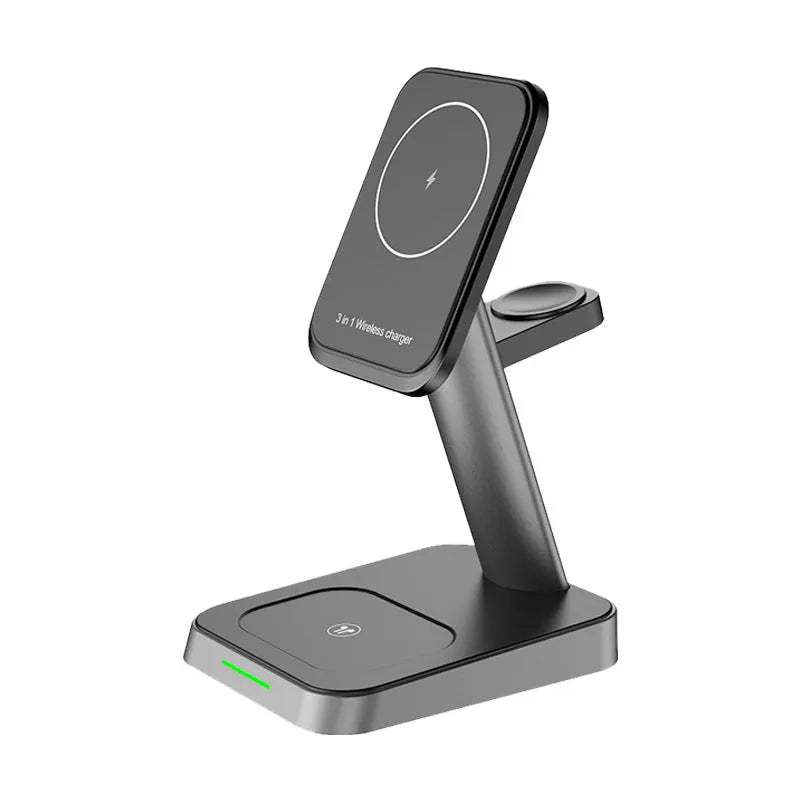 Black vertical wireless charging stand for phone and watch with integrated power bank
