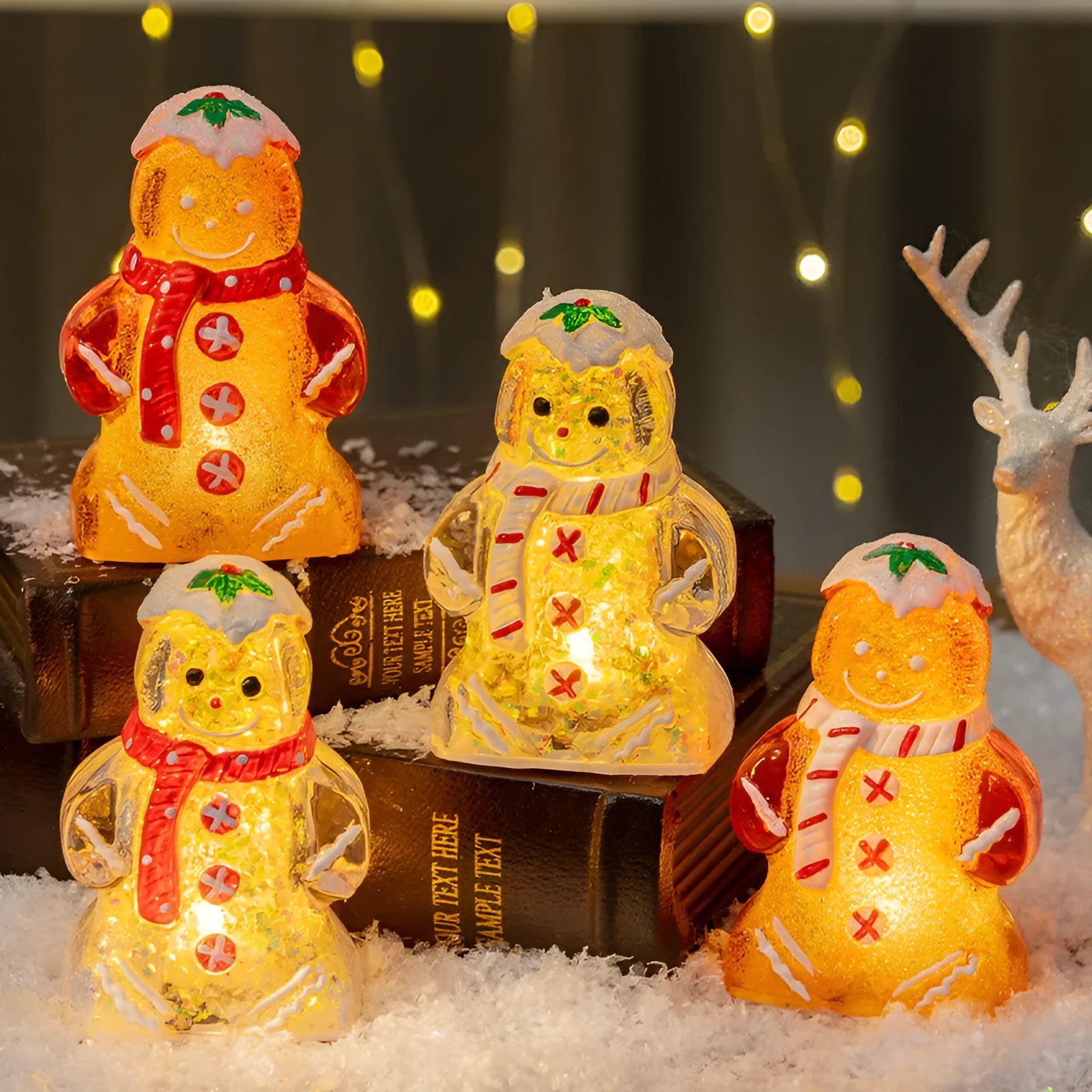Glowing plastic gingerbread man snowman Christmas ornament with a choice of scarf colours