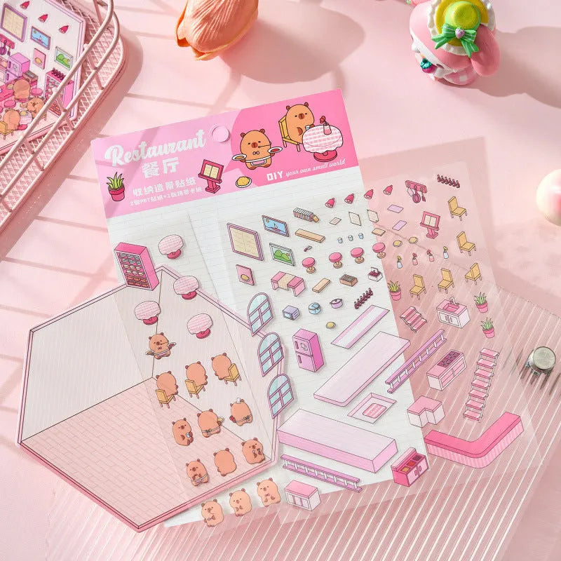 Eight themed landscaping hand account stickers including pink restaurant, yellow bakery, green hot spring, and blue fruit shop designs.