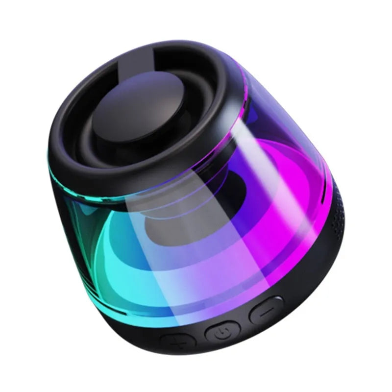 White or black mini Bluetooth speaker with magnetic back, ambient light, and card slot.