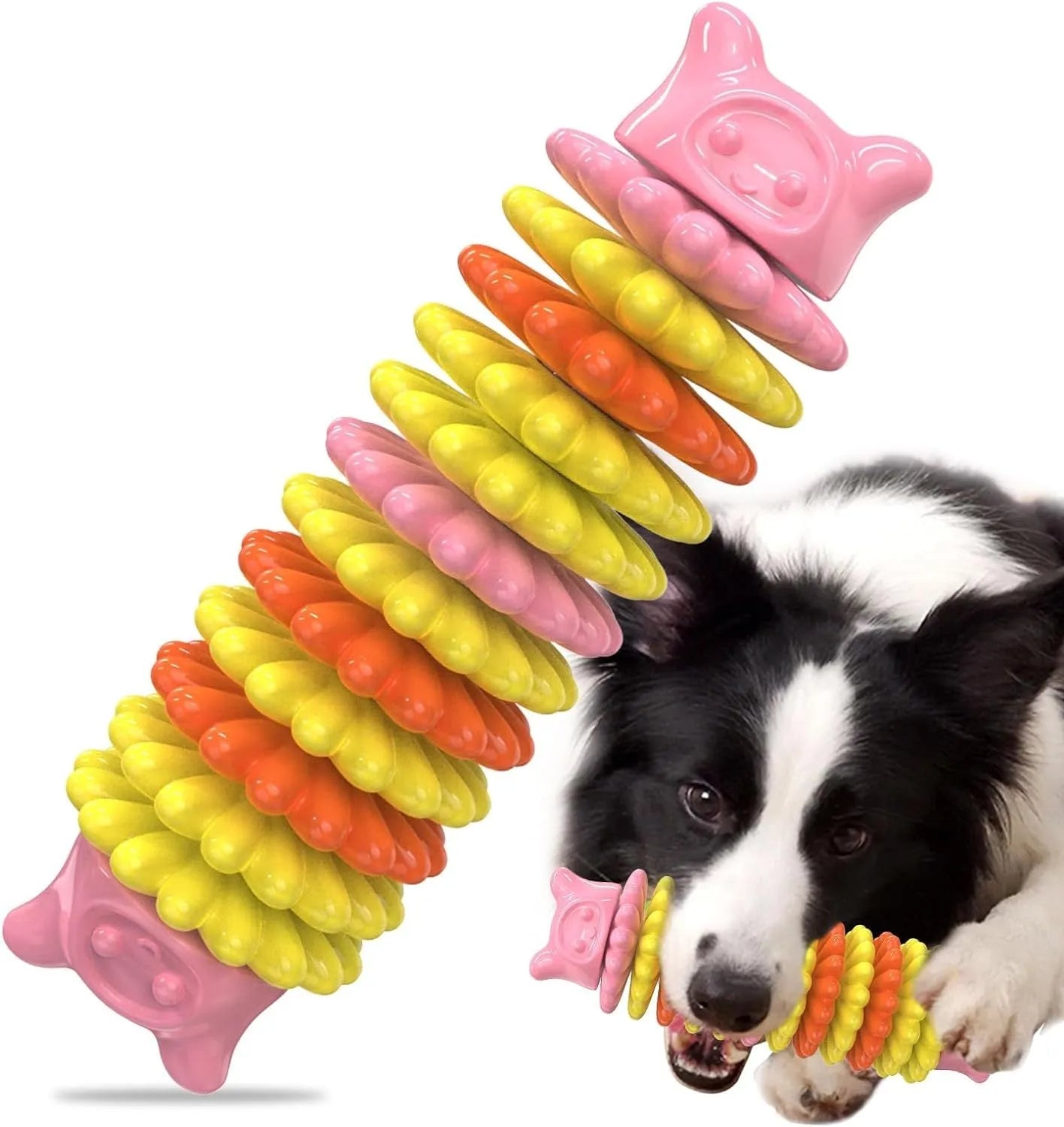 Blue natural rubber caterpillar-shaped dog chew toy on a plain background.