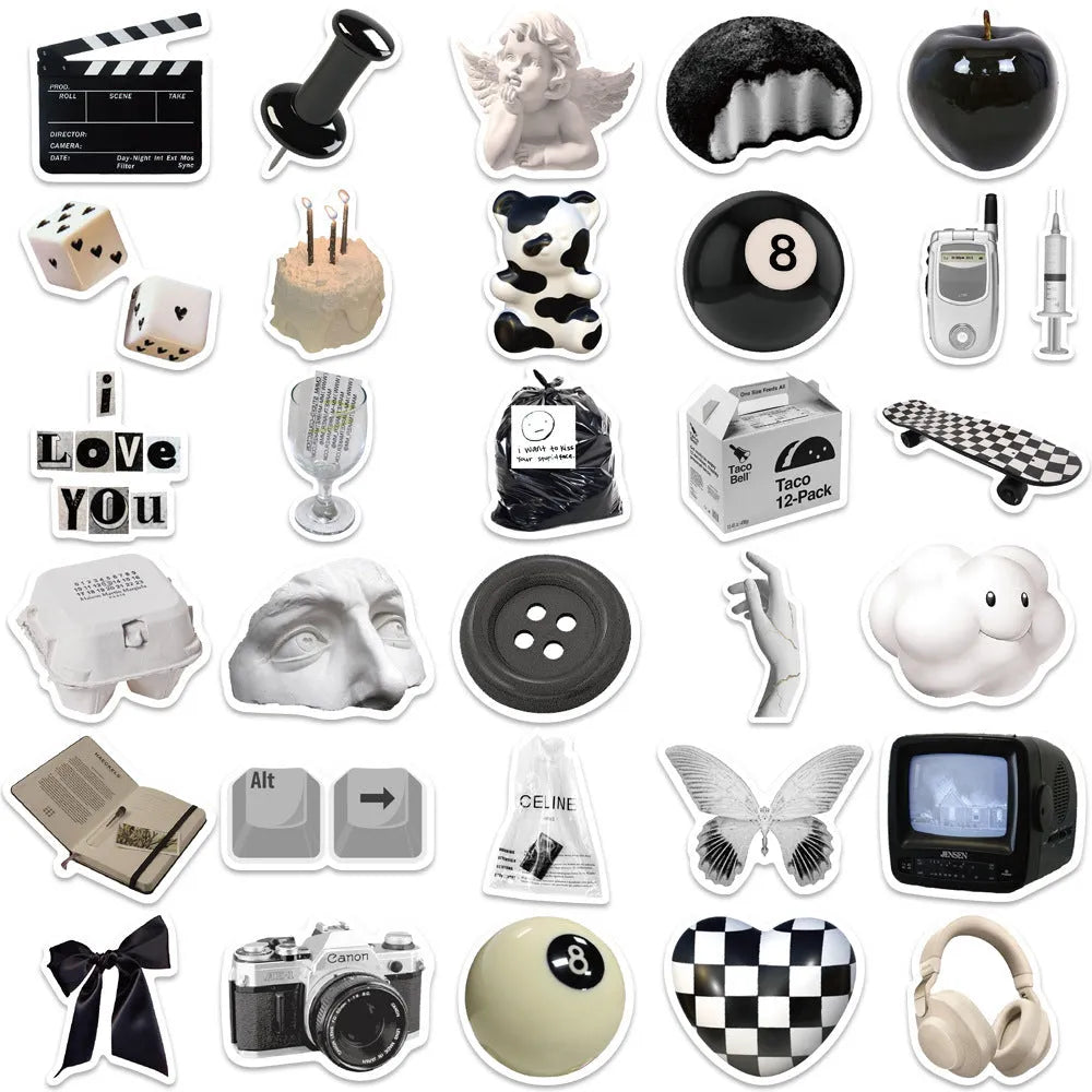 61-piece black and white waterproof PVC sticker set for laptops, phones, and cups.