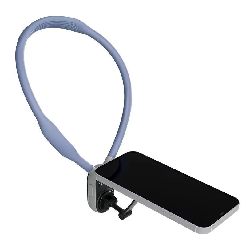 Silicone magnetic phone neck mount with aluminium strip and safety rope in grey or blue