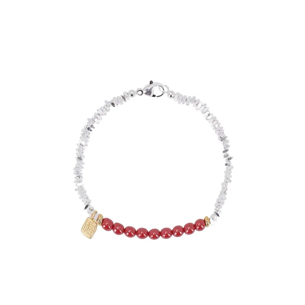 Silver electroplated couple bracelet with small geometric lucky beads measuring 16 cm