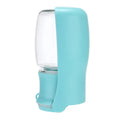 Blue foldable plastic dog water bottle with extended drinking bowl for outdoor use.
