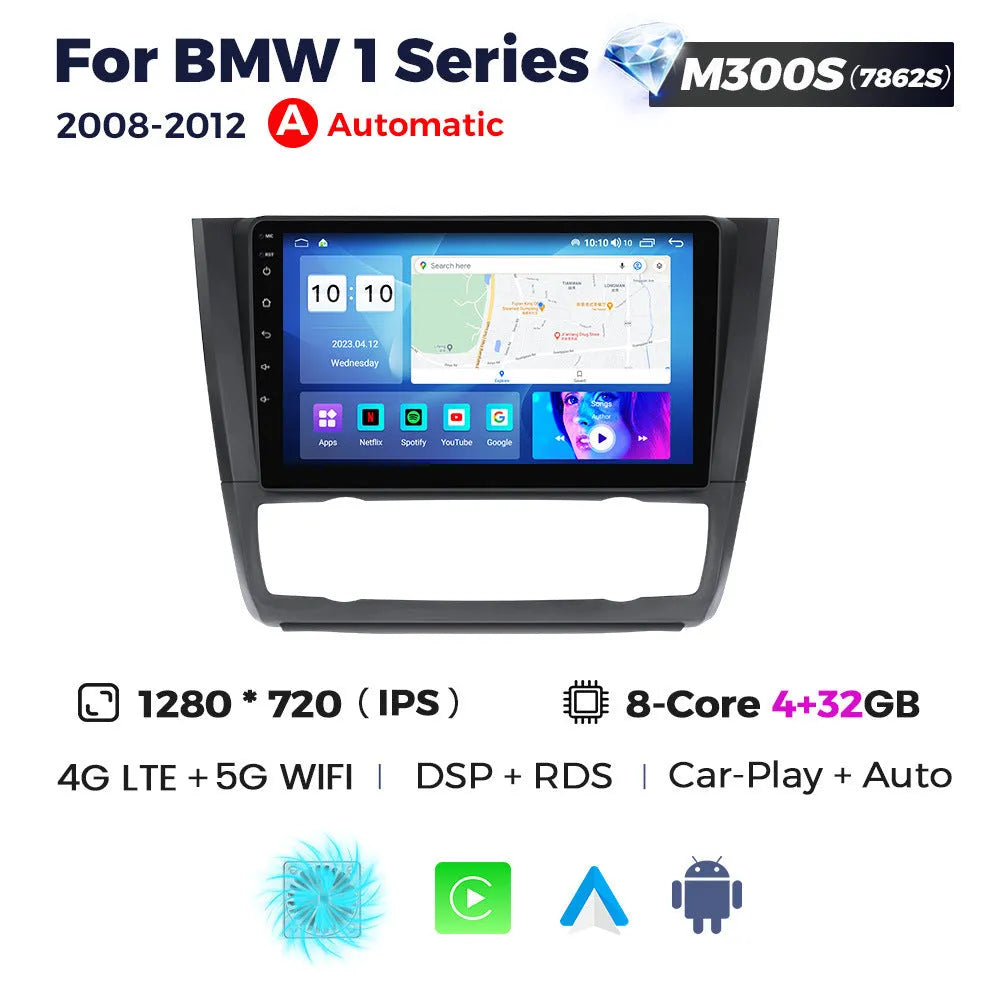 Android 9-inch navigation screen for BMW E87 vehicles with touchscreen display and multiple hardware configuration options