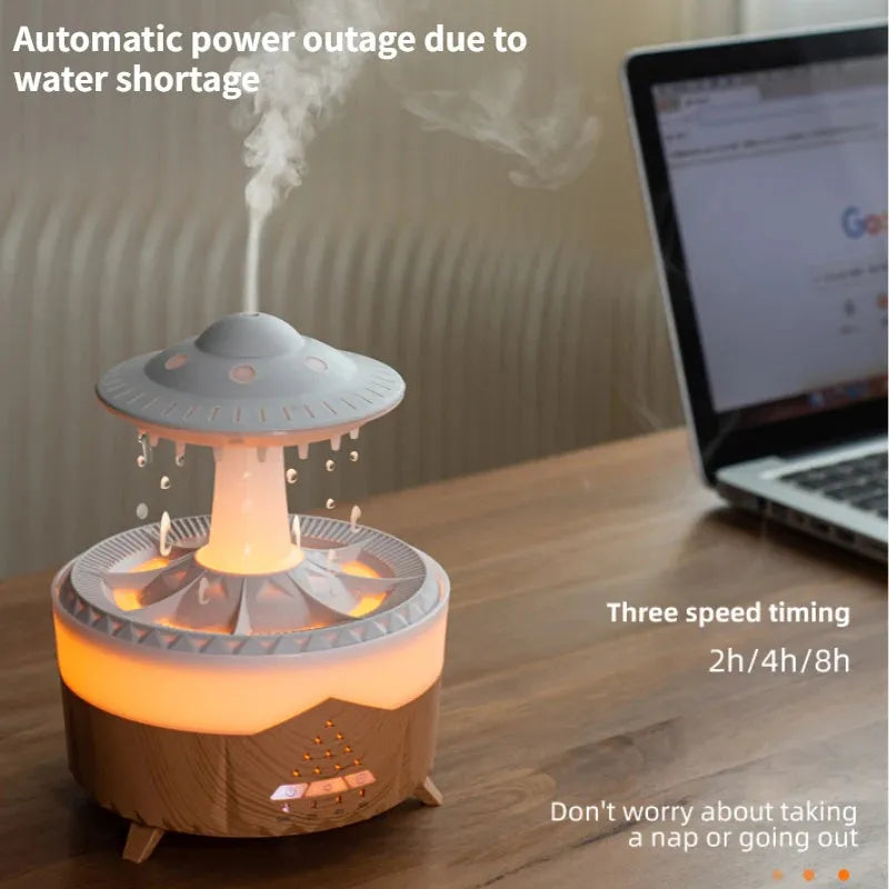 UFO-shaped cloud humidifier with rain drop sound and 7-colour night light