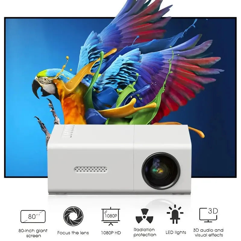 Compact white M100 mini LED home projector with remote control on a table.