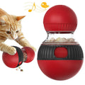 Rotating plastic cat toy with Super Ball colour scheme showing treat-dispensing openings and sound module