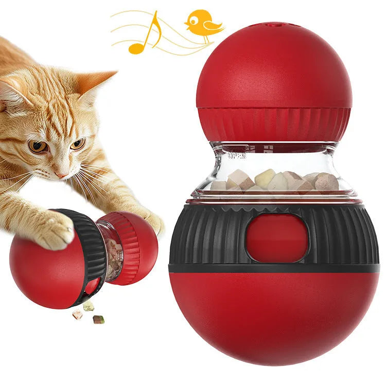 Rotating plastic cat toy with Super Ball colour scheme showing treat-dispensing openings and sound module